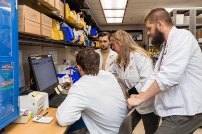 Faculty and staff working in the pharmacy at the Veterinary Teaching Hospital. 