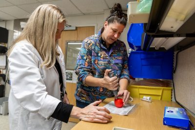 Jessica Dolinger and staff working in the pharmacy at the Veterinary Teaching Hospital.
