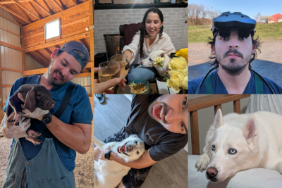 A collage of photos of Esteban Jimenez, his girlfriend, and dog