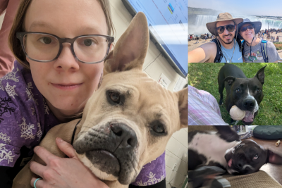 A collage of photos of Rachel Elliot with her partner and dogs