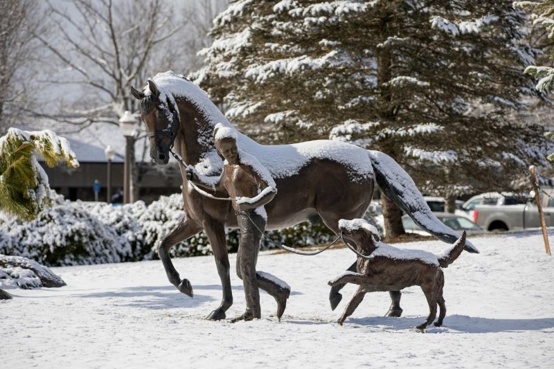 Running Together Statue in Snow Statue of a person walking with a horse and a dog.